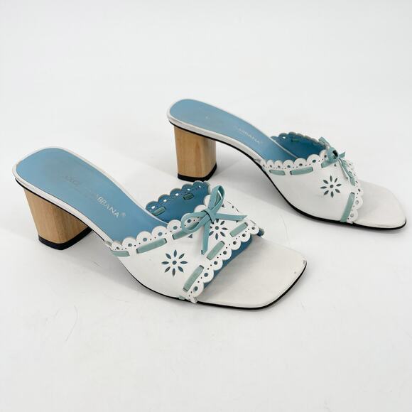 Vintage Dolce & Gabbana White Light Blue Scalloped Bow Mules Sandals IT 38.5 - Picture 1 of 13